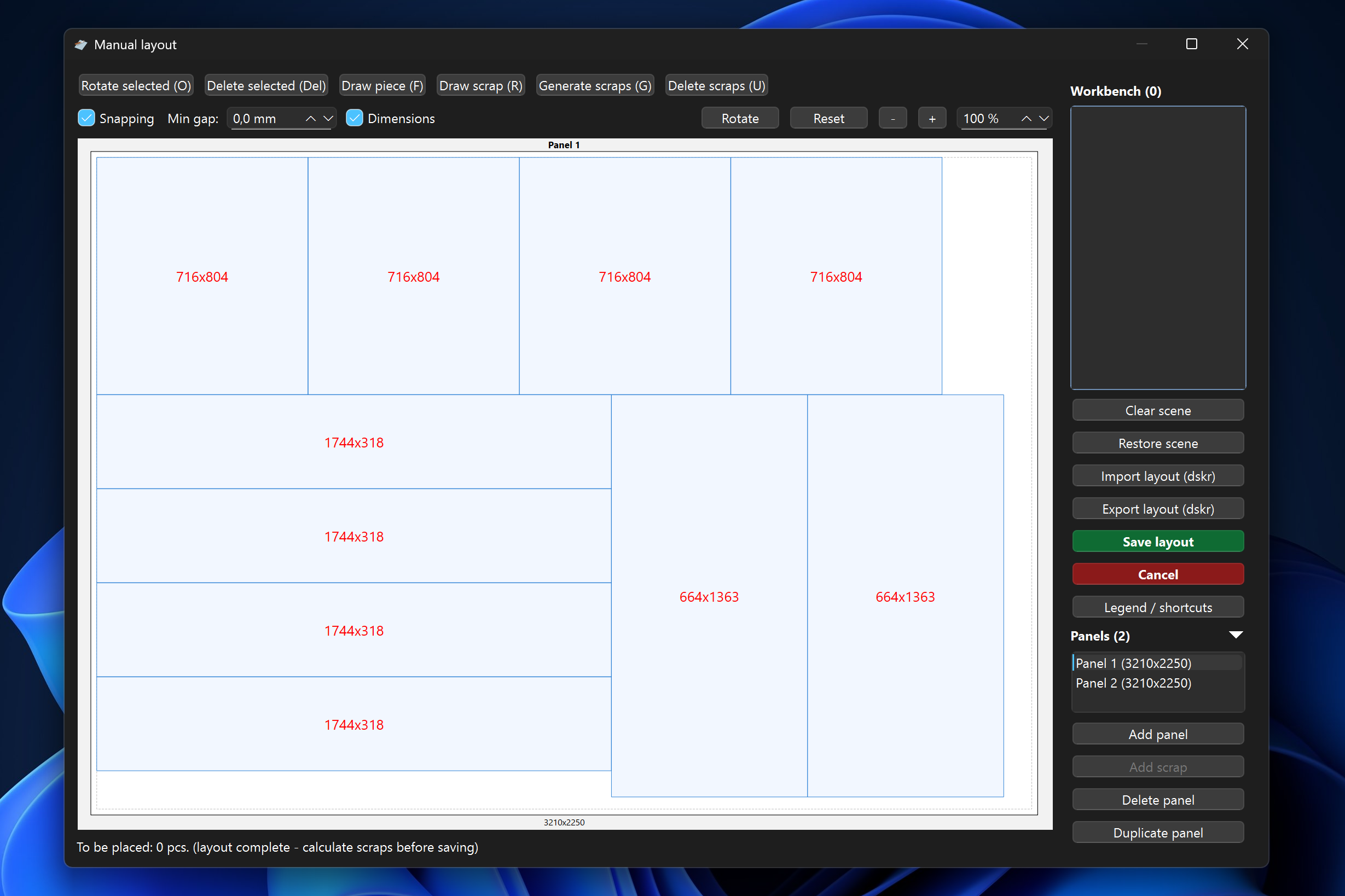 Esempio layout di taglio